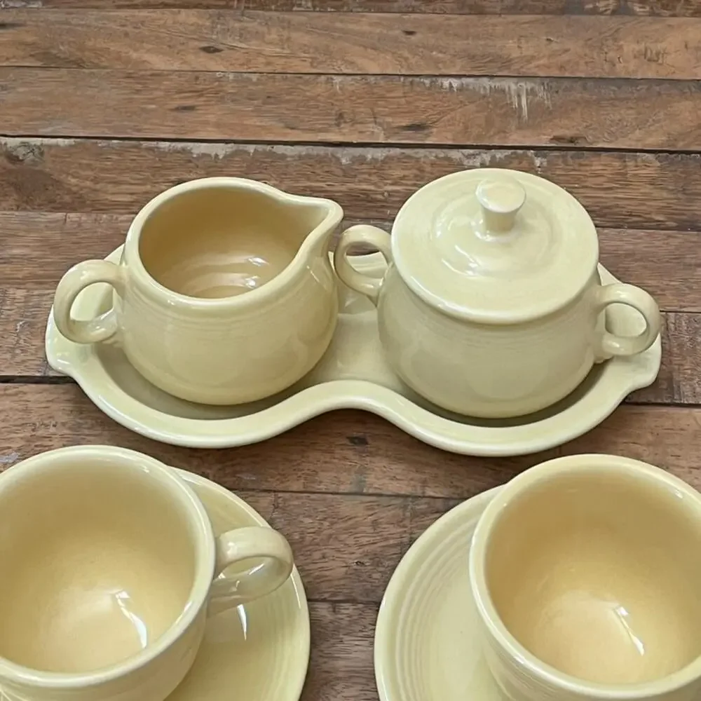 Vtg Fiesta Ware Yellow Set of Creamer Covered Sugar Tray Cups & Saucers